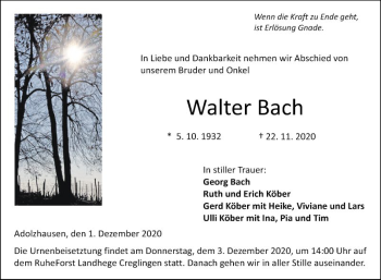 Traueranzeige von Walter Bach von Fränkische Nachrichten