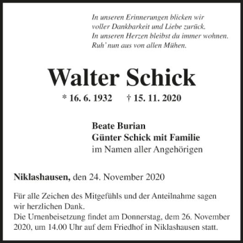 Traueranzeige von Walter Schick von Fränkische Nachrichten