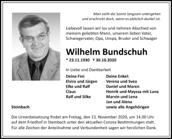 Traueranzeige von Wilhelm Bundschuh von Fränkische Nachrichten