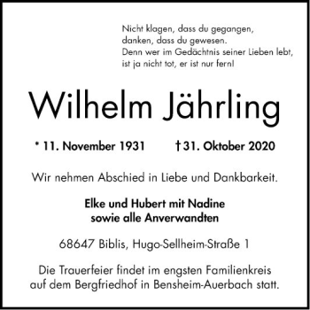 Traueranzeige von Wilhelm Jährling von Bergsträßer Anzeiger