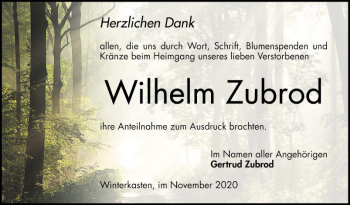 Traueranzeige von Wilhelm Zubrod von Bergsträßer Anzeiger