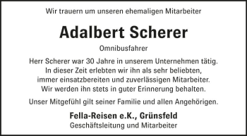 Traueranzeige von Adalbert Scherer von Fränkische Nachrichten