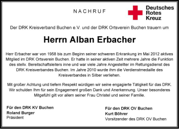 Traueranzeige von Alban Erbacher von Fränkische Nachrichten