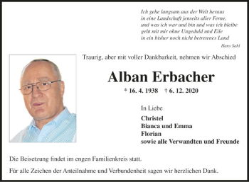 Traueranzeige von Alban Erbacher von Fränkische Nachrichten