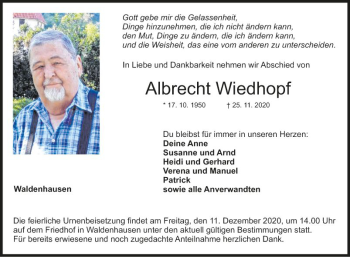 Traueranzeige von Albrecht Wiedhopf von Fränkische Nachrichten