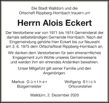 Traueranzeige von Alois Eckert von Fränkische Nachrichten