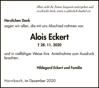 Traueranzeige von Alois Eckert von Fränkische Nachrichten