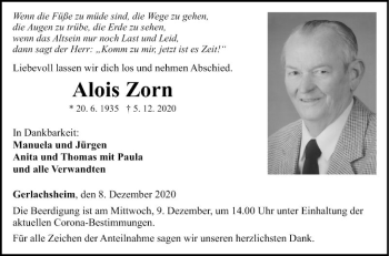 Traueranzeige von Alois Zorn von Fränkische Nachrichten