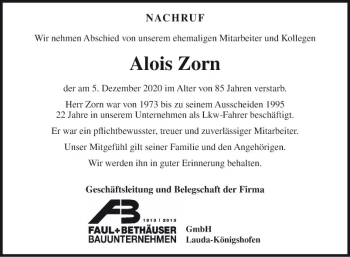 Traueranzeige von Alois Zorn von Fränkische Nachrichten