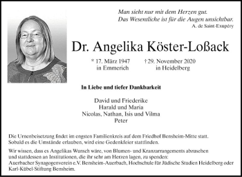 Traueranzeige von Angelika Köster-Loßack von Bergsträßer Anzeiger