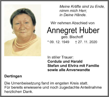 Traueranzeige von Annegret Huber von Fränkische Nachrichten