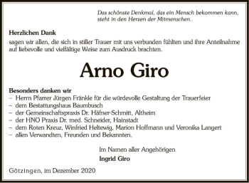 Traueranzeige von Arno Giro von Fränkische Nachrichten