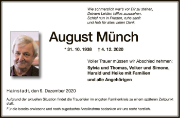 Traueranzeige von August Münch von Fränkische Nachrichten