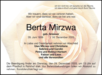 Traueranzeige von Berta Mirzwa von Schwetzinger Zeitung