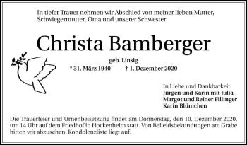 Traueranzeige von Christa Bamberger von Schwetzinger Zeitung