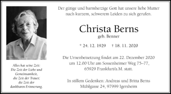 Traueranzeige von Christa Berns von Fränkische Nachrichten