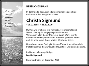 Traueranzeige von Christa Sigmund von Fränkische Nachrichten