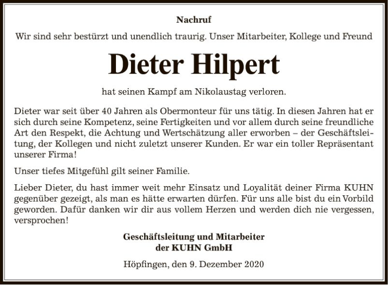  Traueranzeige für Dieter Hilpert vom 09.12.2020 aus Fränkische Nachrichten