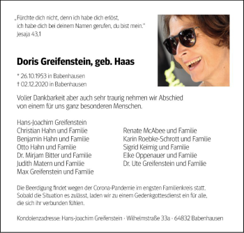 Traueranzeige von Doris Greifenstein von Bergsträßer Anzeiger