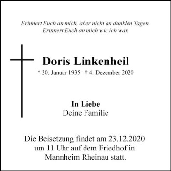 Traueranzeige von Doris Linkenheil von Mannheimer Morgen