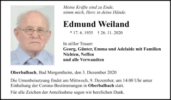 Traueranzeige von Edmund Weiland von Fränkische Nachrichten