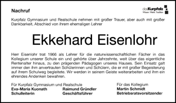 Traueranzeige von Ekkehard Eisenlohr von Mannheimer Morgen