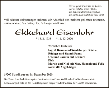 Traueranzeige von Ekkehard Eisenlohr von Mannheimer Morgen