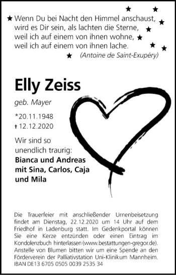 Traueranzeige von Elly Zeiss von Mannheimer Morgen