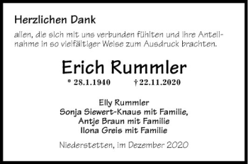 Traueranzeige von Erich Rummler von Fränkische Nachrichten