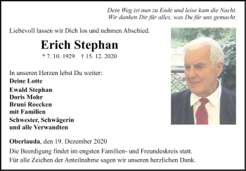 Traueranzeige von Erich Stephan von Fränkische Nachrichten