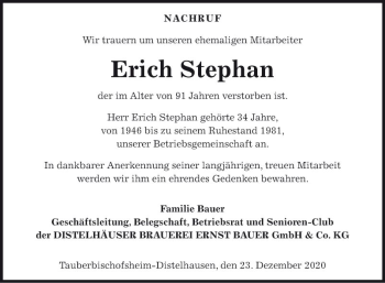 Traueranzeige von Erich Stephan von Fränkische Nachrichten