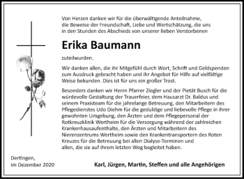 Traueranzeige von Erika Baumann von Fränkische Nachrichten