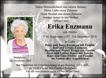 Traueranzeige von Erika Enzmann von Fränkische Nachrichten