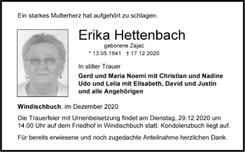 Traueranzeige von Erika Hettenbach von Fränkische Nachrichten