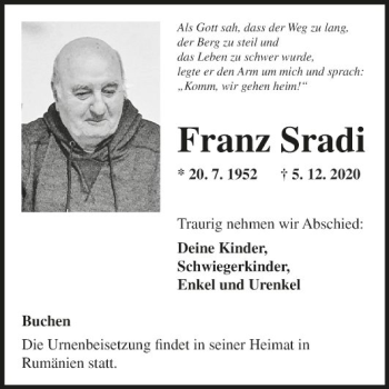 Traueranzeige von Franz Sradi von Fränkische Nachrichten