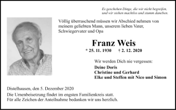 Traueranzeige von Franz Weis von Fränkische Nachrichten