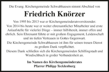 Traueranzeige von Friedrich Knörzer von Fränkische Nachrichten