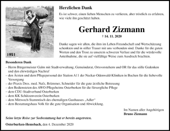 Traueranzeige von Gerhard Zizmann von Fränkische Nachrichten