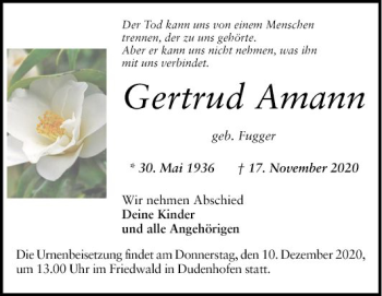 Traueranzeige von Gertrud Amann von Schwetzinger Zeitung