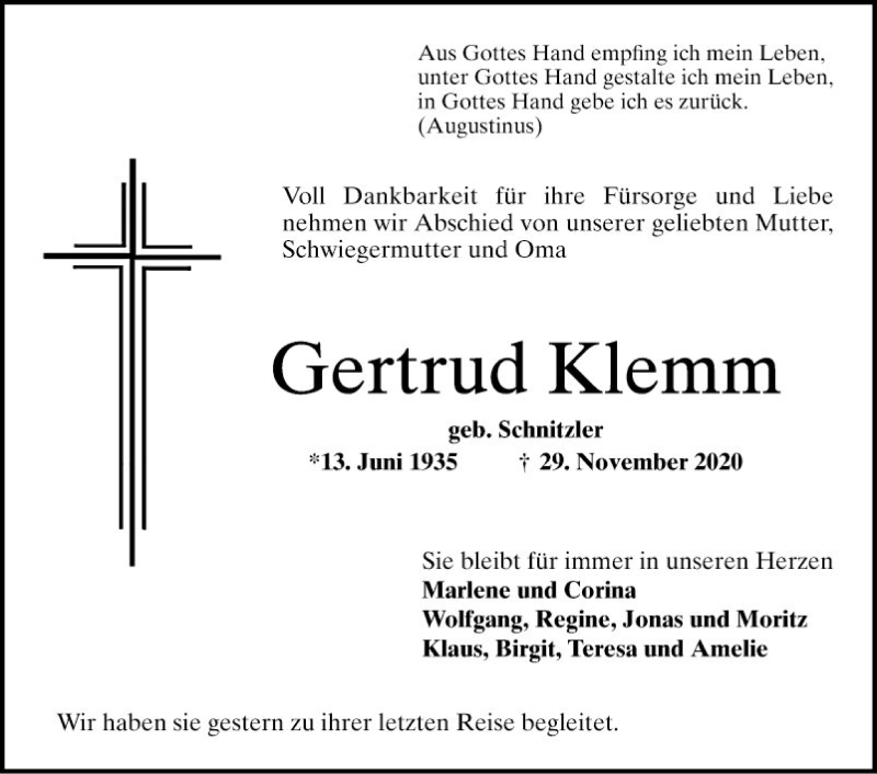  Traueranzeige für Gertrud Klemm vom 05.12.2020 aus Mannheimer Morgen