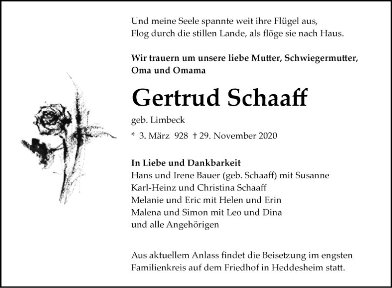  Traueranzeige für Gertrud Schaaff vom 05.12.2020 aus Mannheimer Morgen