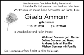 Traueranzeige von Gisela Ammann von Mannheimer Morgen