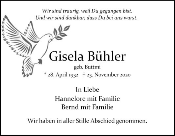 Traueranzeige von Gisela Bühler von Mannheimer Morgen