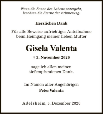 Traueranzeige von Gisela Valenta von Fränkische Nachrichten