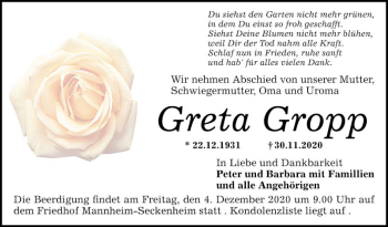 Traueranzeige von Greta Gropp von Mannheimer Morgen