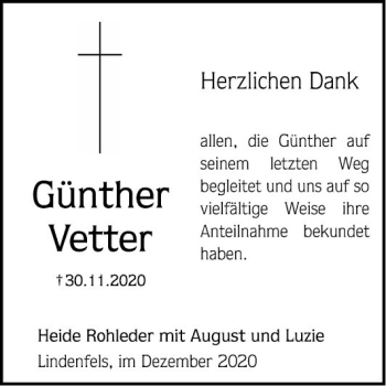 Traueranzeige von Günther Vetter von Bergsträßer Anzeiger