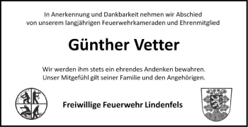 Traueranzeige von Günther Vetter von Bergsträßer Anzeiger