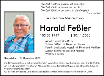 Traueranzeige von Harald Feßler von Fränkische Nachrichten