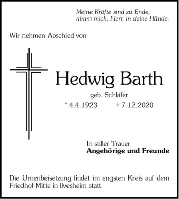 Traueranzeige von Hedwig Barth von Mannheimer Morgen