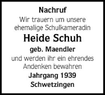 Traueranzeige von Heide Schuh von Schwetzinger Zeitung